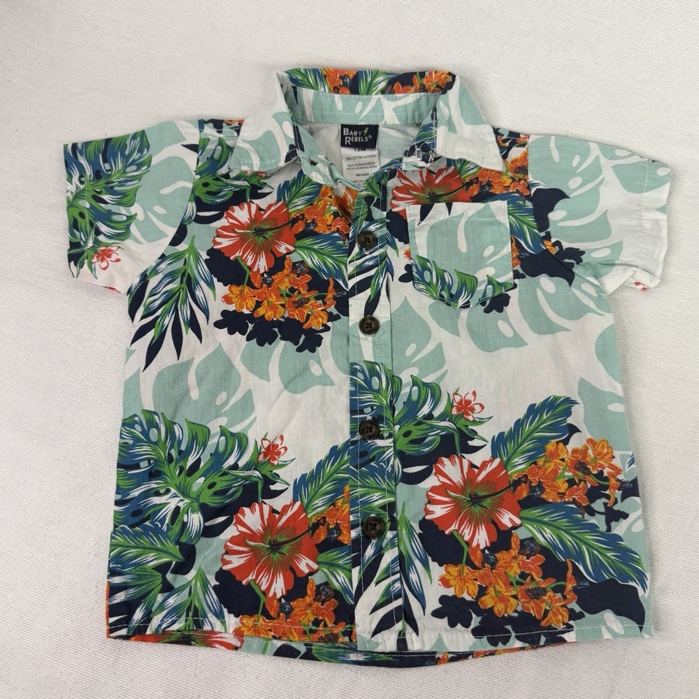 Baby Rebels 12M 100% Cotton Hawaiian Floral Short Sleeve Collared Button-Up